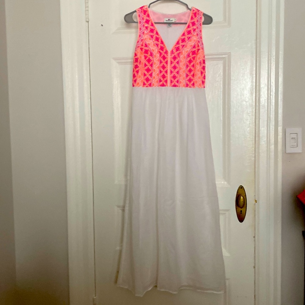 White embroidered pink/orange womens vineyard vine maxi dress